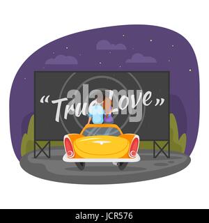 Vector cartoon style illustration of loving couple sitting on the vintage car and watching romantic movie in the parking lot. Isolated on white backgr Stock Vector