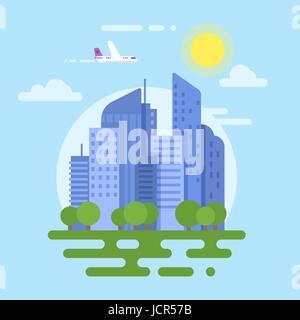 Vector flat style illustration of modern city. Plane and buildings. Isolated on white background. Icon for web. Stock Vector