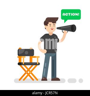Vector flat style illustration of movie director. Speech bubble and the word 'Action' in it. Isolated on white background. Icon for web. Stock Vector