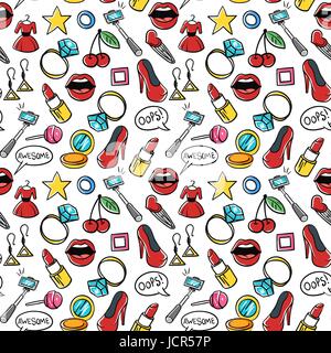 Vector seamless pattern of fashionable patches. Modern doodle pop art sketch pins and badges. Hand drawn cute and funny fashion stickers kit. Isolated Stock Vector