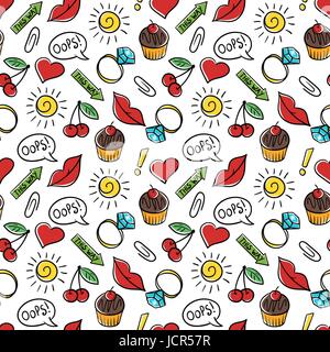 Vector seamless pattern of fashionable patches. Modern doodle pop art sketch pins and badges. Hand drawn cute and funny fashion stickers kit. Isolated Stock Vector