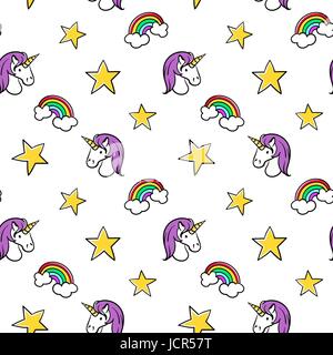 Vector seamless pattern of fashionable patches: unicorn and star. Modern doodle pop art sketch pins and badges. Hand drawn cute and funny fashion stic Stock Vector
