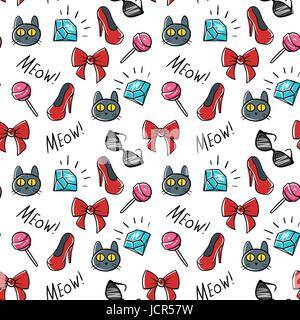 Vector seamless pattern of fashionable patches. Modern doodle pop art sketch pins and badges. Hand drawn cute and funny fashion stickers kit. Isolated Stock Vector