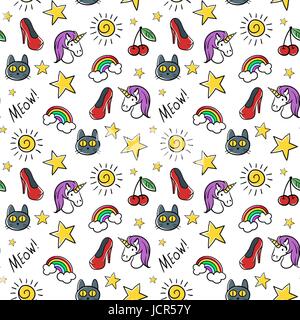 Vector seamless pattern of fashionable patches. Modern doodle pop art sketch pins and badges. Hand drawn cute and funny fashion stickers kit. Isolated Stock Vector