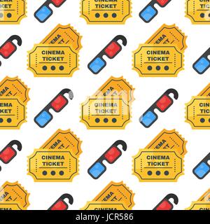 Vector flat style seamless cinema pattern with ticket and 3d glasses. Isolated on white background. Stock Vector