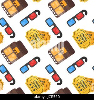 Vector flat style seamless cinema pattern with ticket, 3d glasses and tape. Isolated on white background. Stock Vector