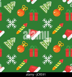 Vector flat style seamless pattern with New 2017 Year icons on green background. Stock Vector