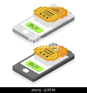 Isometric 3d vector illustration of online buy cinema tickets. Smartphone icon. Isolated on white background. Stock Vector