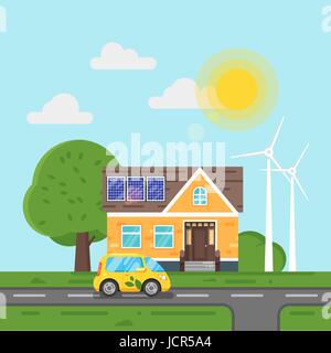 Vector flat style illustration of electric car and house with solar panels. Blue background. Icon for web. Eco concept design. Stock Vector