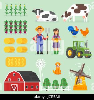 Vector flat style farming set. Farmers, cows and chickens. Isolated on green background. Icon for web. Stock Vector