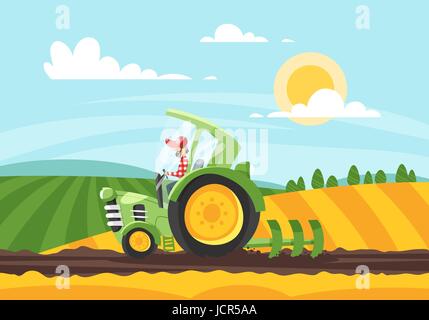 Vector cartoon style illustration of farmer working in farmed land on tractor. Stock Vector