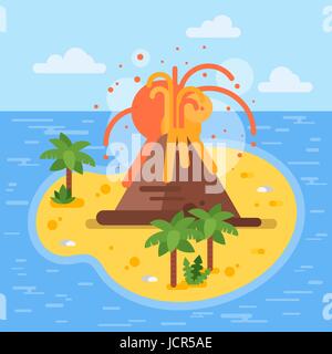 Vector flat style illustration of volcano on tropical island. Icon for web. Stock Vector