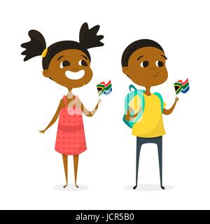 Vector illustration of two cartoon kids with the flags of South Africa. Boy and girl characters. Isolated on white background.
