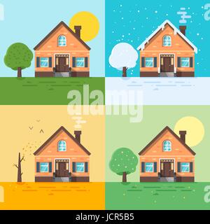 Vector flat style illustration of houses in different seasons: winter, spring, summer, autumn. Icon for web. Stock Vector