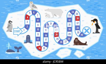 Vector flat style illustration of kids arctic animals board game template. For print. Stock Vector