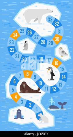Vector flat style illustration of kids arctic animals board game template. For print. Stock Vector
