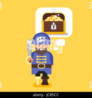 Vector flat style illustration of pirate and treasure chest. Isolated on yellow background. Stock Vector