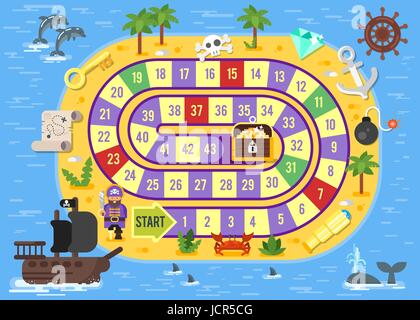 Vector flat style illustration of kids pirate board game template. For print. Stock Vector