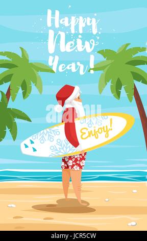 Vector cartoon style illustration of Santa surfer. Holiday Christmas and New Year greeting card template. Stock Vector