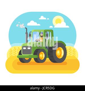 Vector flat style illustration of farmer working in farmed land on tractor. Stock Vector