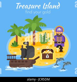 Vector flat style illustration of pirate ship, island and treasure chest. Stock Vector