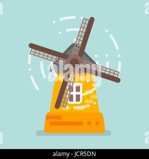 Vector flat style illustration of mill. Isolated on blue background. Icon for web. Stock Vector