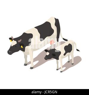 Isometric 3d vector illustration of small and big cow. Icon for web. Isolated on white background. Stock Vector
