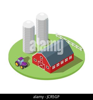 Isometric 3d vector illustration of farm. Tractor and barn. Icon for web. Isolated on white background. Stock Vector