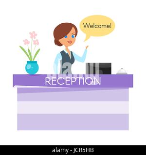 Vector cartoon style illustration of hotel receptionist. Happy woman standing at the reception counter desk with bell. Stock Vector