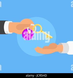 Vector flat style concept for guest receives the key to the hotel room at the reception. Stock Vector