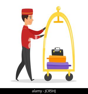Vector cartoon style illustration of hotel bellboy at work. Isolated on white background. Stock Vector