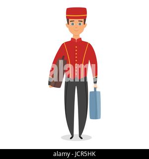 Vector cartoon style illustration of hotel bellboy at work carrying guests bags. Isolated on white background. Stock Vector