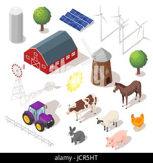 Isometric 3d vector farm set. Farm animals and buildings. Icon for web. Isolated on white background. Stock Vector