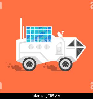 Vector flat style illustration of space rover with solar panel on the top. Isolated on orange background. Stock Vector