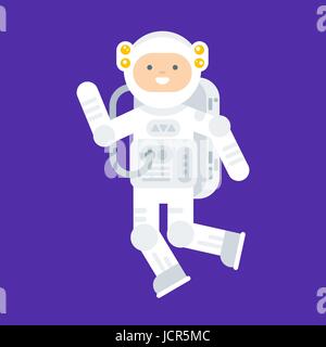 Vector flat style illustration of happy astronaut in space suit. Isolated on purple background. Stock Vector