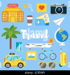 Vector flat style set of travel objects. Car, aircraft, bicycle. Isolated on blue background. Icon for web. Stock Vector