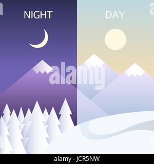 Day and night in winter vector flat illustrations or banners. Sun and Moon. Stock Vector