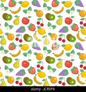 Vector seamless pattern with apples, strawberries, lemons, kiwi fruits, grape, bananas cherries, pears and oranges Stock Vector