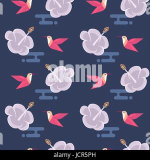 Vector seamless pattern with flowers and hummingbirds Stock Vector