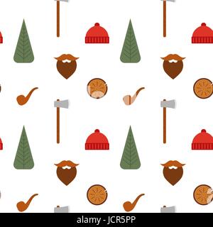 Vector seamless pattern with lumberjack icons: mustache, tree, axe, beanie, pipe. Stock Vector