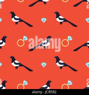 Vector seamless pattern with luxury golden rings and magpies. Stock Vector