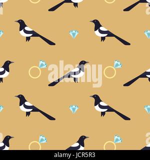 Vector seamless pattern with luxury golden rings and magpies. Stock Vector