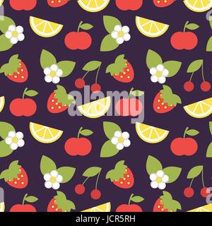 Vector seamless pattern with apples, strawberries and sliced lemons Stock Vector