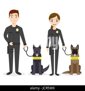 Vector characters: two young police officers man and woman with their police dogs Stock Vector