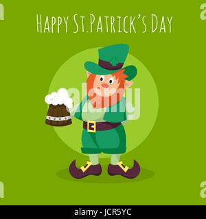 Vector Happy St.Patrick's Day greeting card with Leprechaun holding a mug of fresh beer on green background. Stock Vector