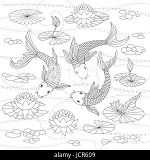 Vector monochrome illustration of japanese koi for coloring page Stock Vector