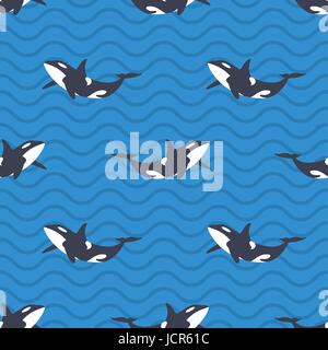 Vector seamless pattern with killer whales or orcas in the sea. Blue background with wavy lines. Stock Vector