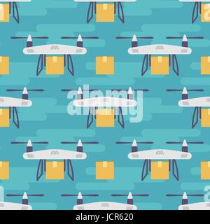 Vector seamless pattern with quadrocopters or drones carrying parcels. Stock Vector