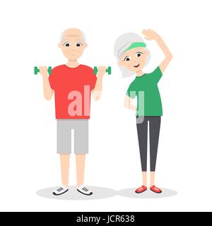 Vector active, happy and healthy senior couple: cartoon man with green dumbbells and woman doing exercises, isolated on white background. Flat vector  Stock Vector