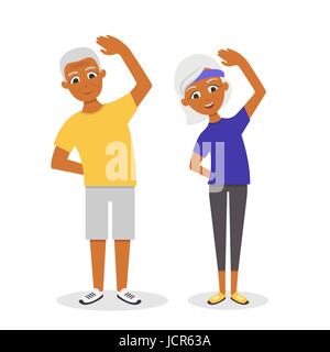 Vector active, happy and healthy afro american senior couple: cartoon man and woman doing exercises, isolated on white background. Flat vector style. Stock Vector